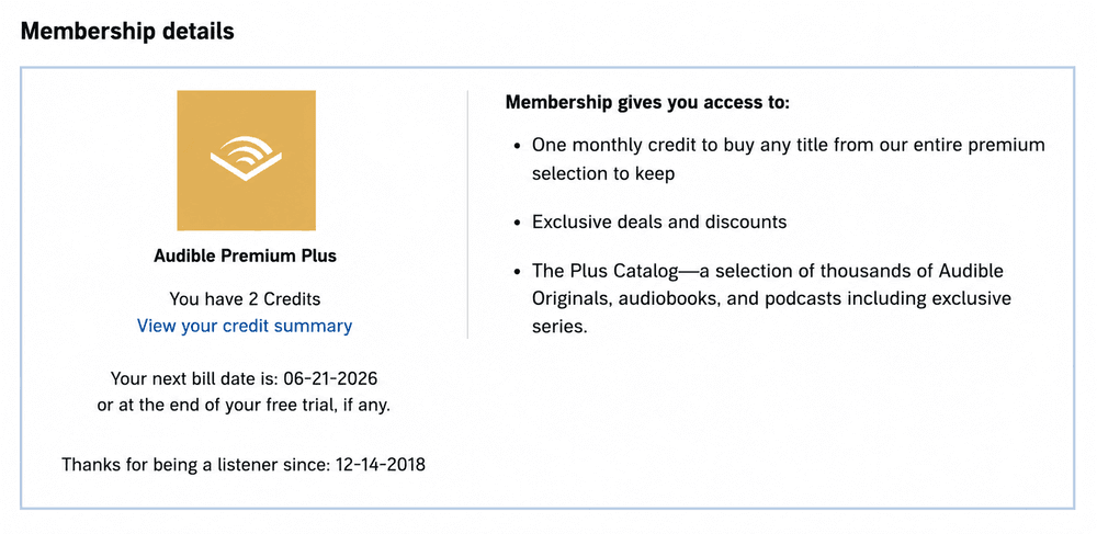 Audible Membership Details and Credits