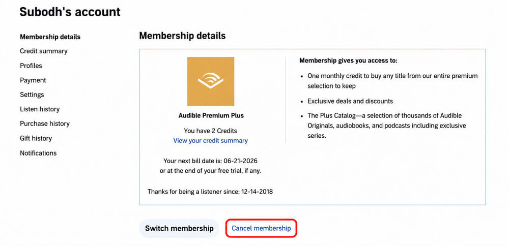 Audible Membership Details with Cancellation Option