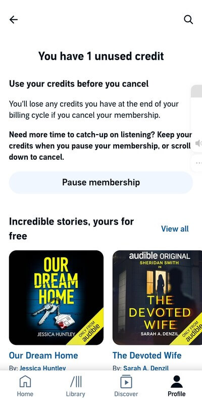 Screenshot showing Unused Credits While Cancelling Membership