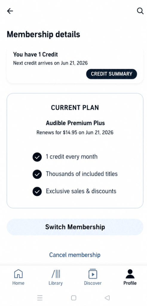 Screenshot showing Cancel Membership on Audible App